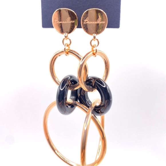 🆕 18kt Rose Gold Earrings Bronzallure & Onyx 3” Dangly Circle Hoop, MILOR ITALY - Picture 4 of 13